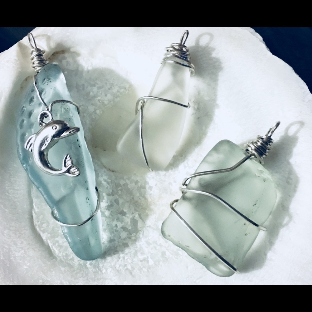 Sea glass and sterling silver pendants